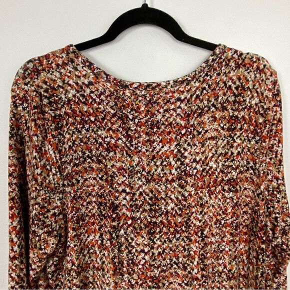 J Jill Midi Dress Sz L Brown Abstract Stretchy Knit Long Sleeve Pleated Pockets - Picture 7 of 11